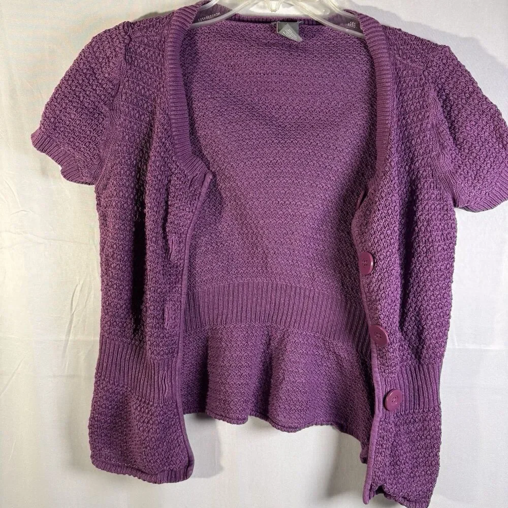Ann Taylor Women’s M Purple Linen Cotton Short Sleeve Button Front Knit Cardigan